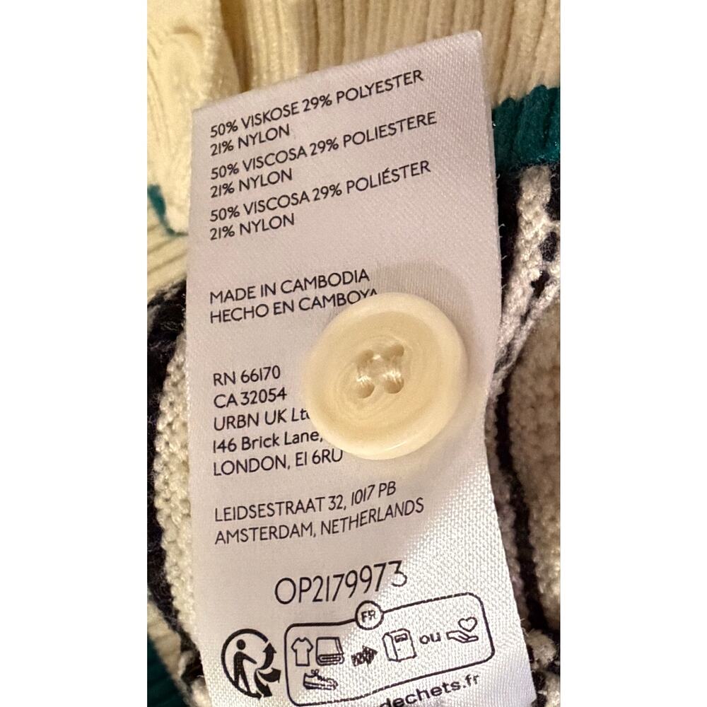 Maeve Anthropologie Striped Knit Polo Cardigan Sweater Black Cream Green Trim - Picture 9 of 9